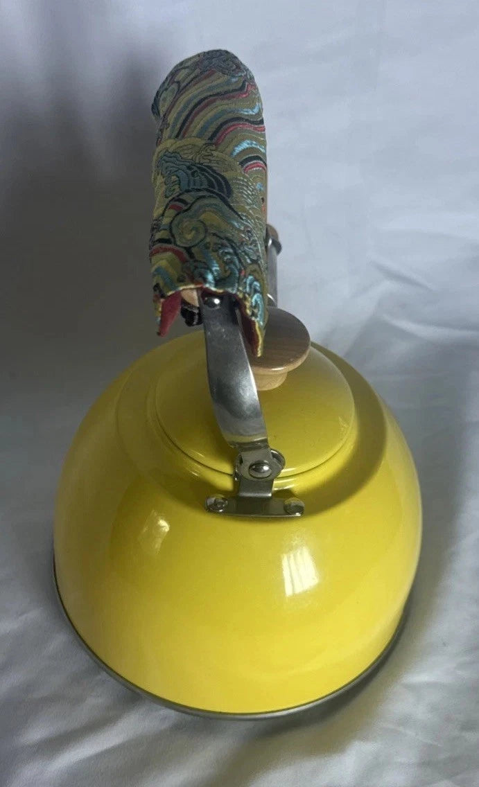 VTG Yellow Enamel w/ Wood & Chrome Detail Tea Kettle with handmade handle cozy