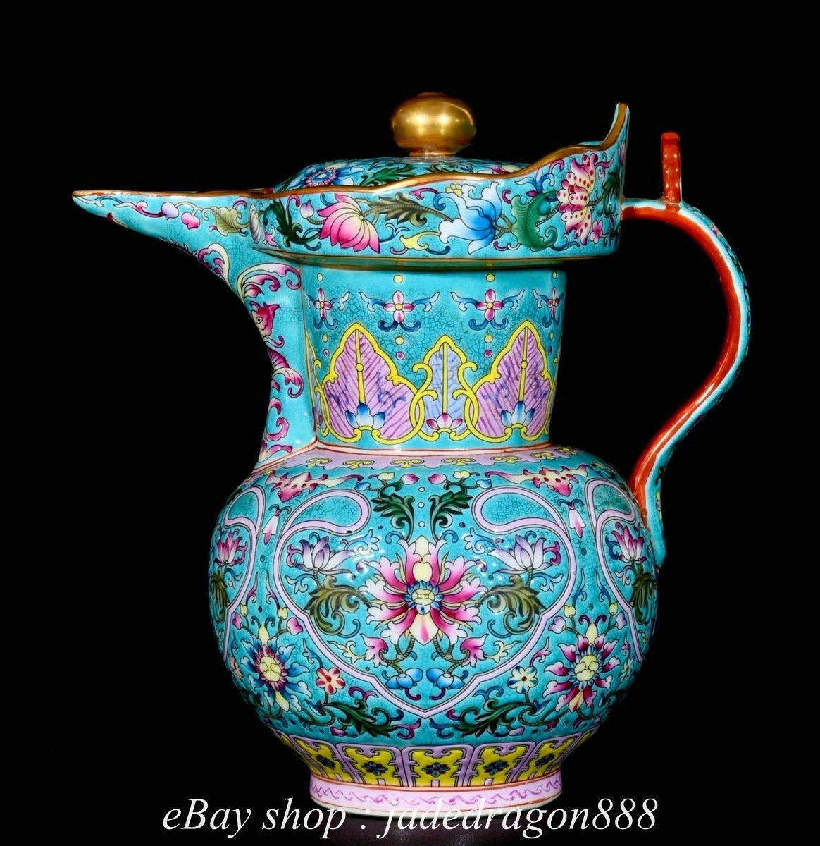 9" Yongzheng Marked Enamel Porcelain Gilt Flower Leaf Pattern Wine Tea Pot
