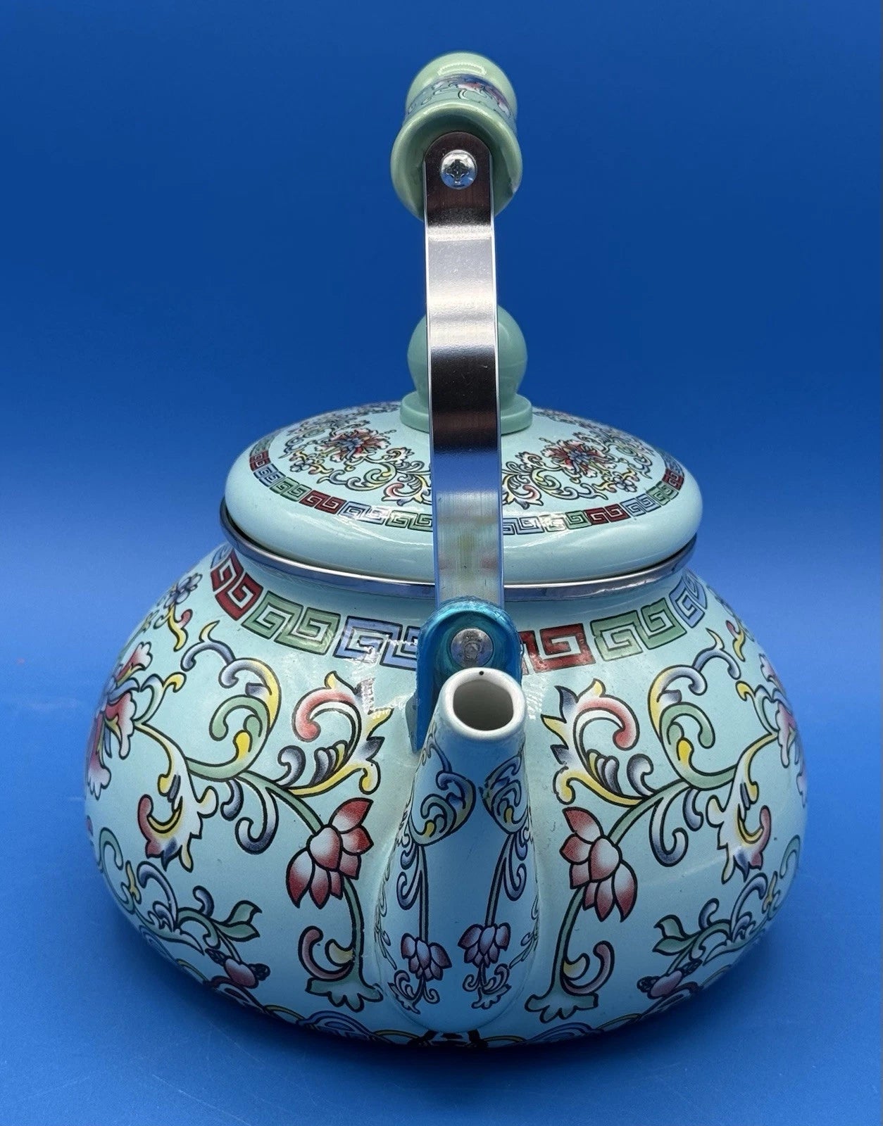 Chinese Style Enamel Tea Kettle 2.6 Qt Floral Cloisonné Pattern Light Blue Pot | eBay