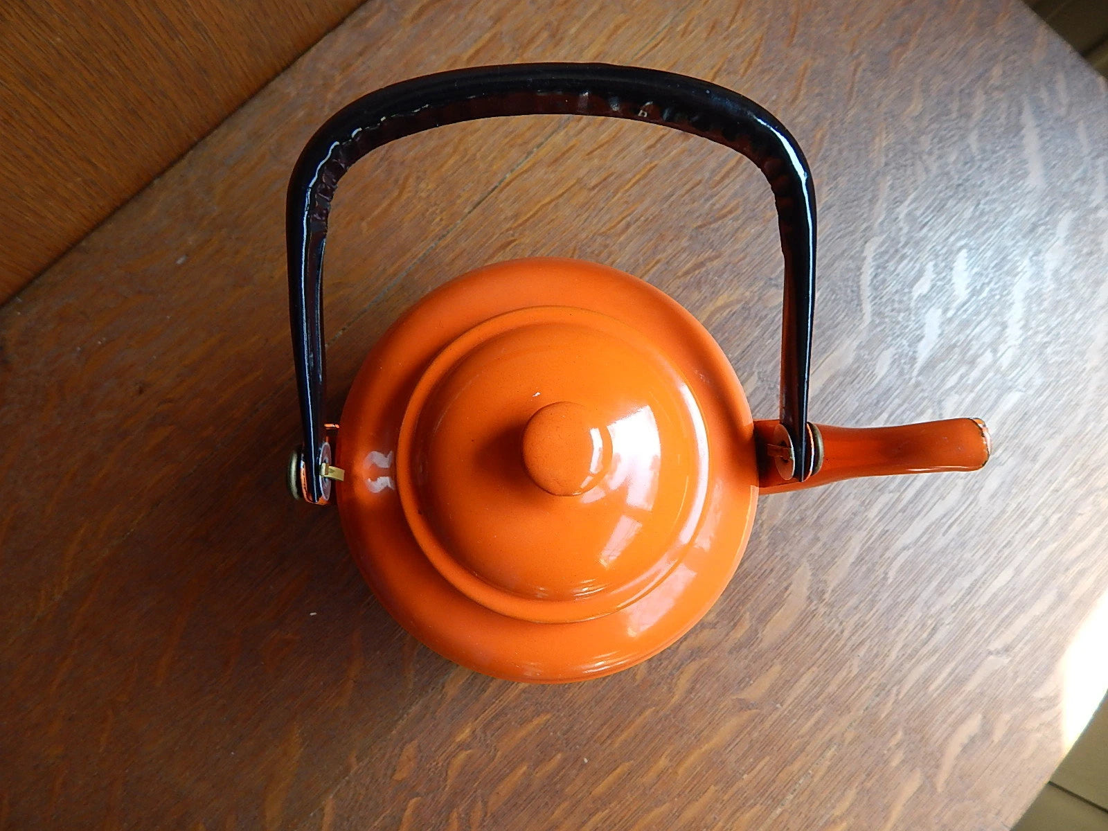 Vintage Orange Enamel Tea pot Mid Century Black Enamel Handle CLEAN