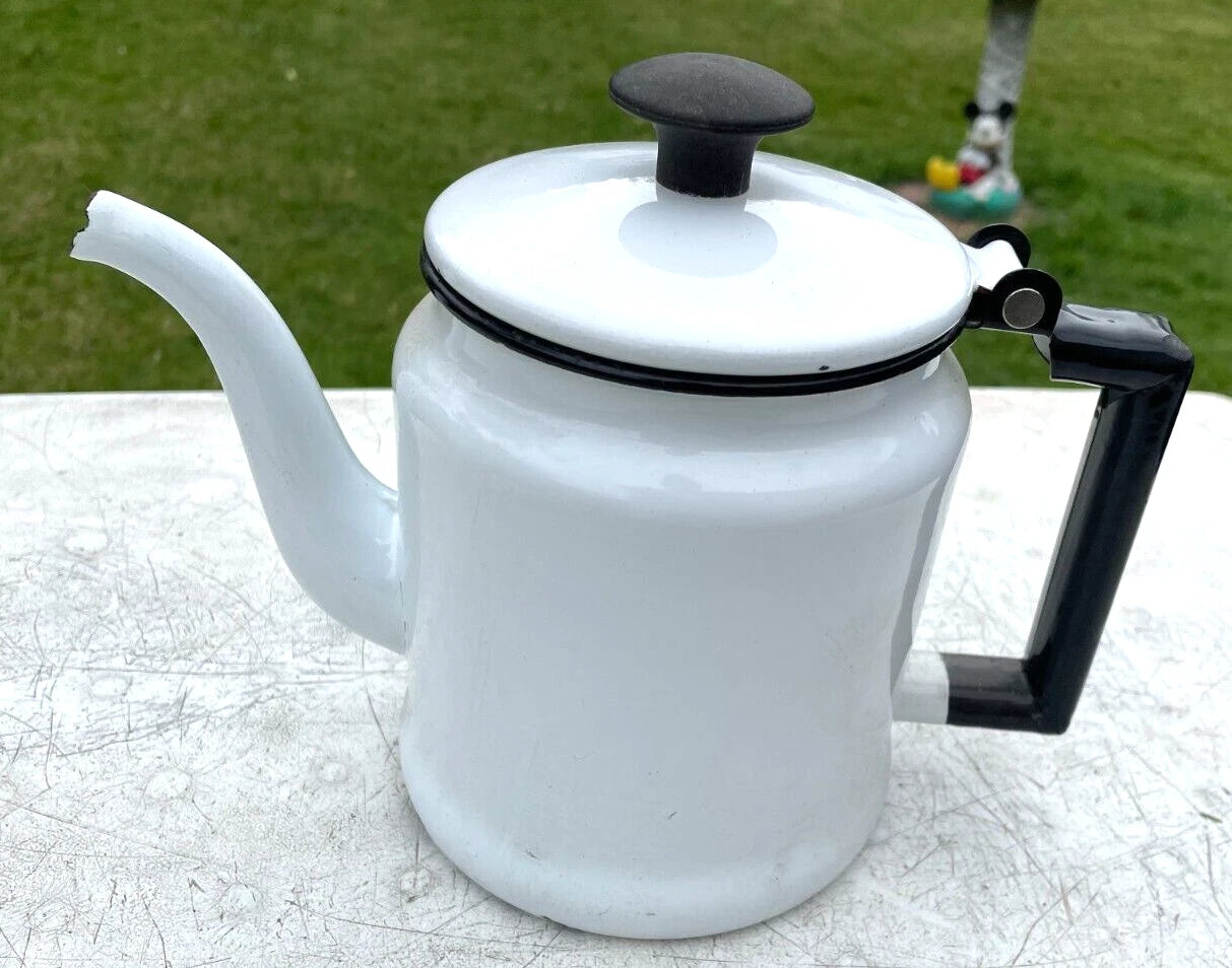 Vtg Enamelware Tea/Coffee Pot White & Black w/Lid