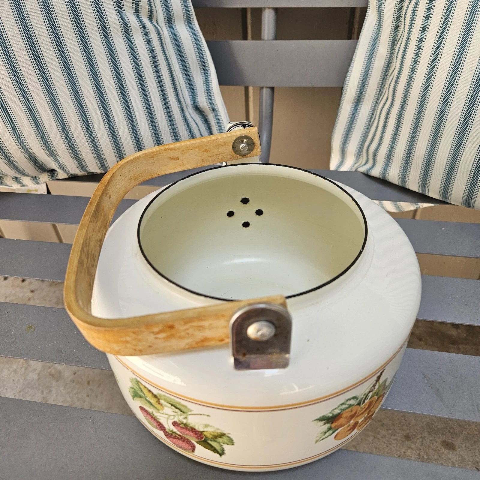 Vintage MCM Enamel Tea Kettle Teapot Bamboo Handle Fruit Print Cream Color NICE! | eBay