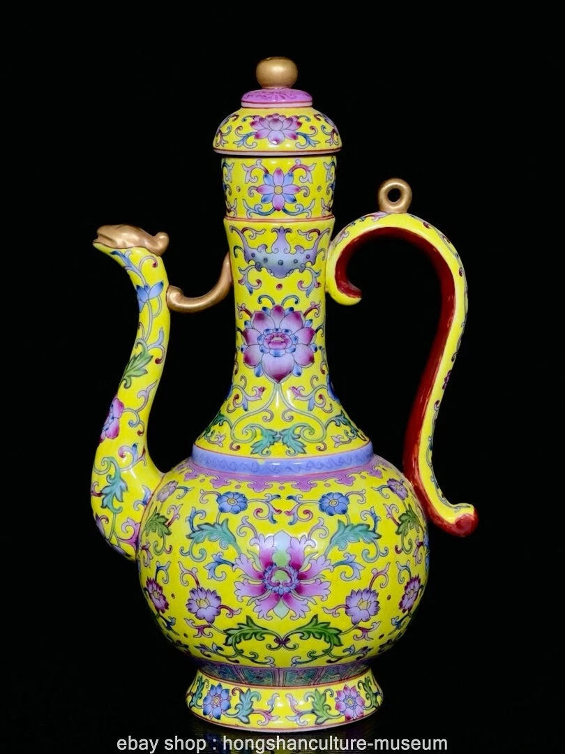 9.4" Qing Yongzheng Marked Enamel Colour Porcelain Flower Wine Tea Pot Flagon