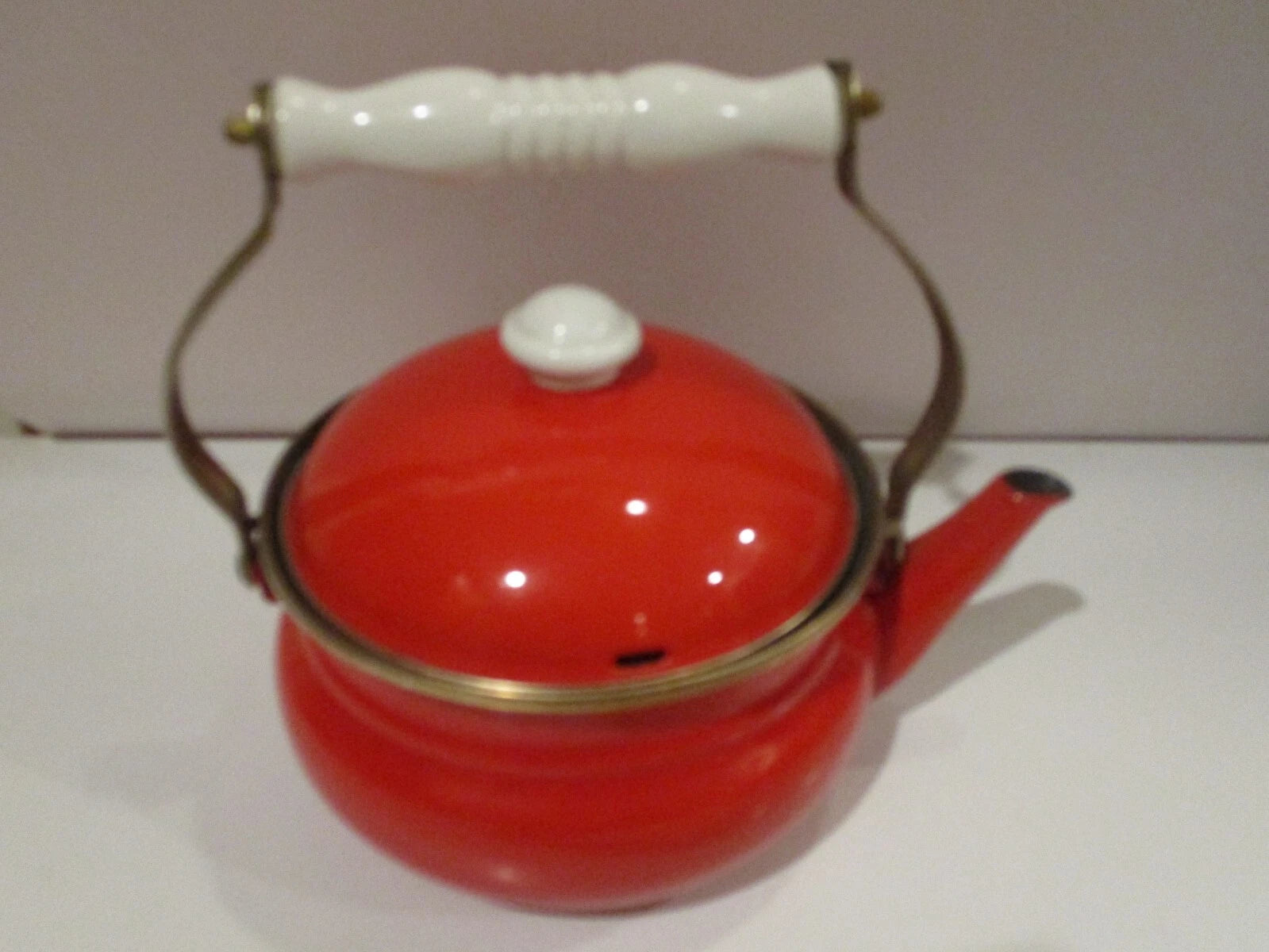 Vintage Bright Red Enamel Tea Pot Kettle w White Wooden Handle Brass fittings | eBay