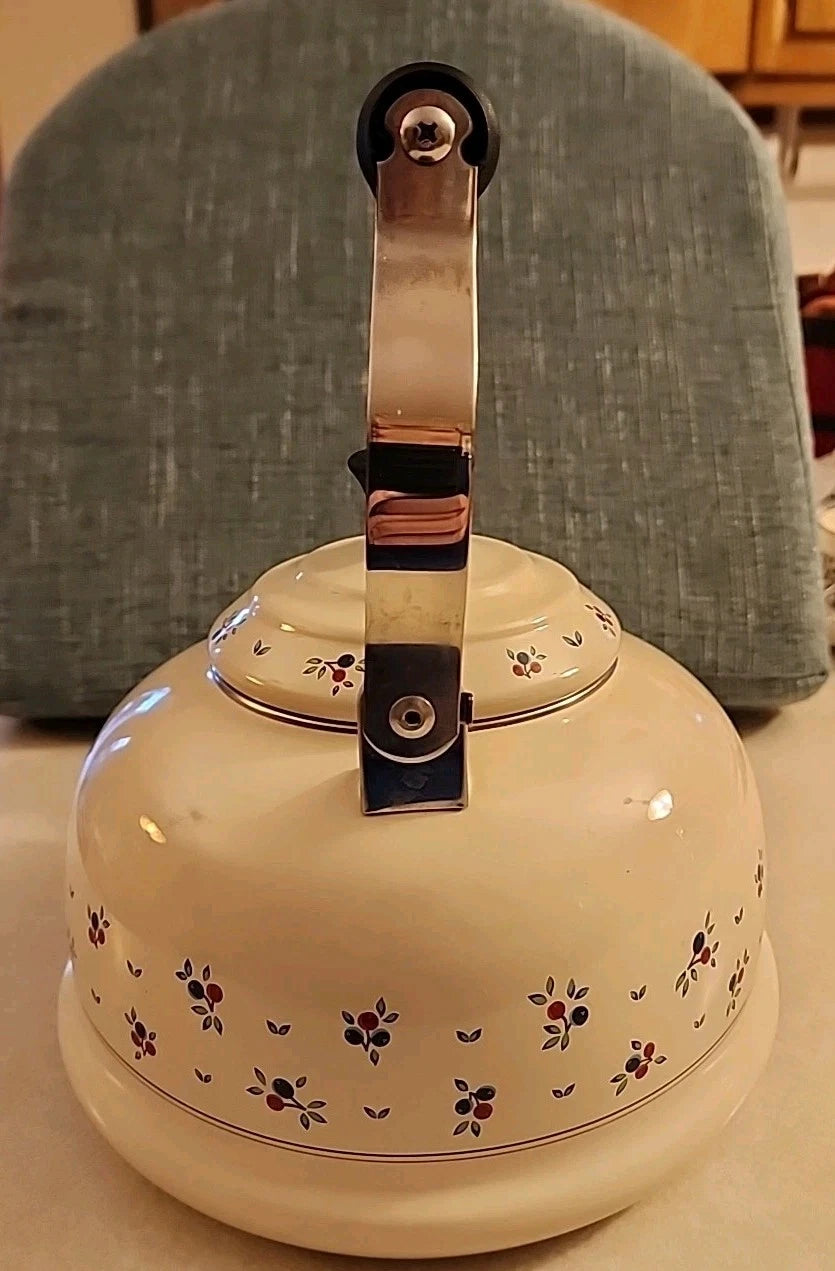 Vintage LeCreuset Enamel Floral Tea Kettle with Whistling Spout