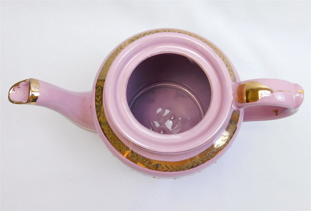 Vtg Pink Gold Glazed REDWARE Teapot Butterfly Enamel Moriage Hand Painted 7"