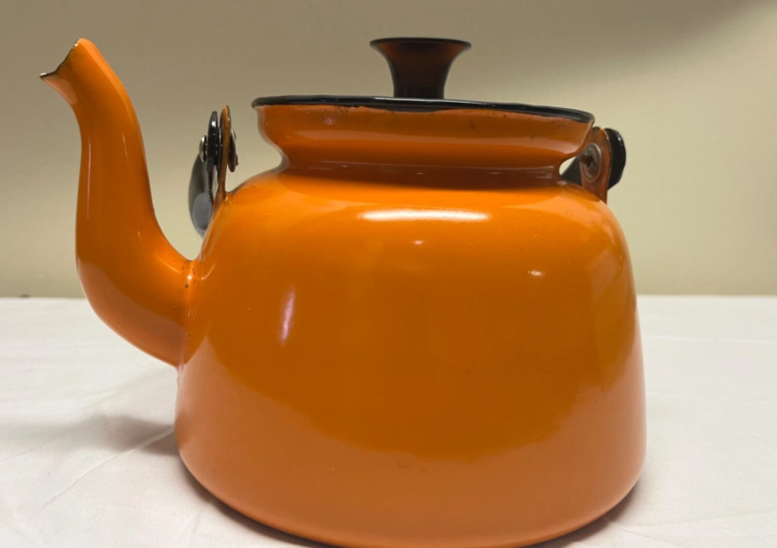 Huta Selesia Vintage enamelware teapot orange with lid made in Poland