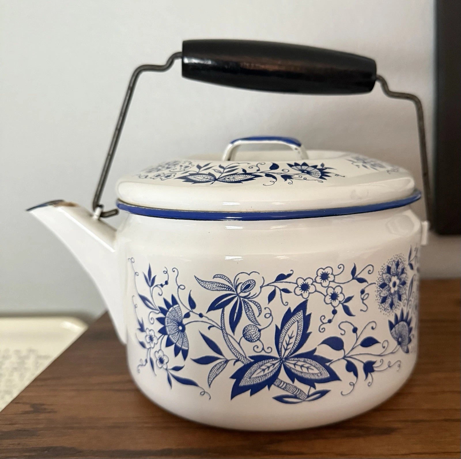 Vintage Blue Onion Danube Style Enamelware Teapot Metal Bail Wood Handle | eBay