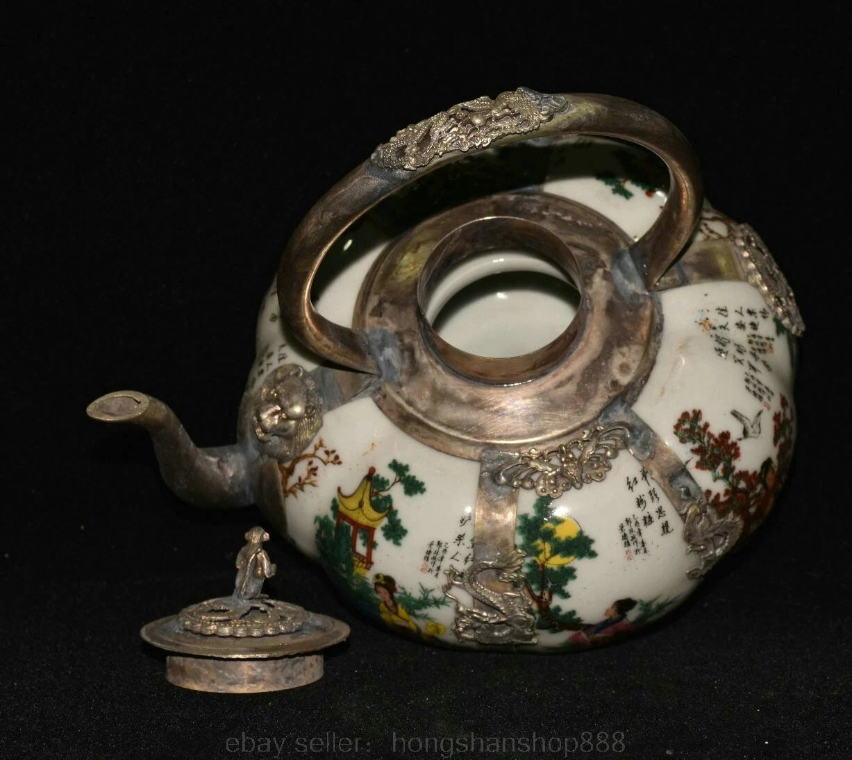 6.8" Old Chinese Silver Enamel Porcelain Beauty Belle Portable Kettle Teapot | eBay