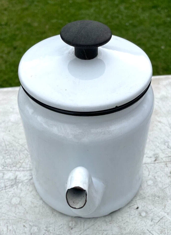 Vtg Enamelware Tea/Coffee Pot White & Black w/Lid