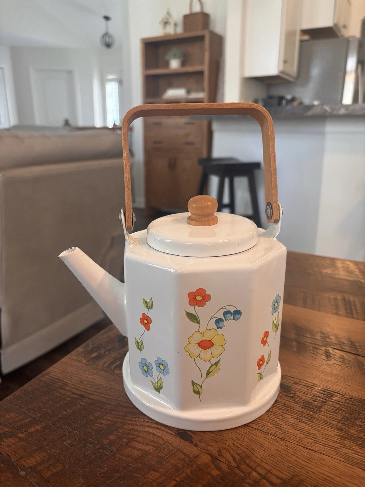 Vintage Tea Kettle Kamenstein White Enamel Bohemian Floral Tea Pot Japan Retro | eBay