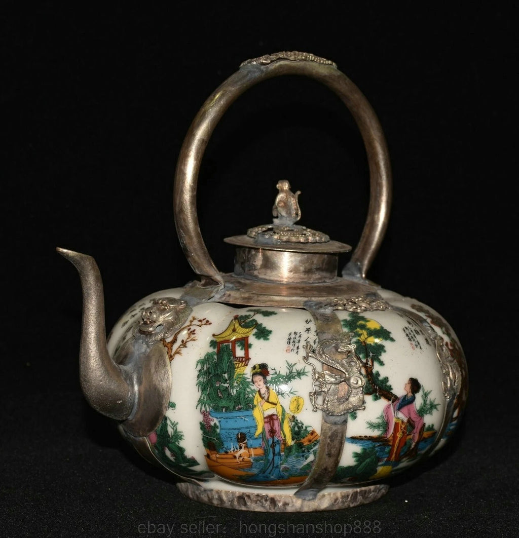 6.8" Old Chinese Silver Enamel Porcelain Beauty Belle Portable Kettle Teapot | eBay