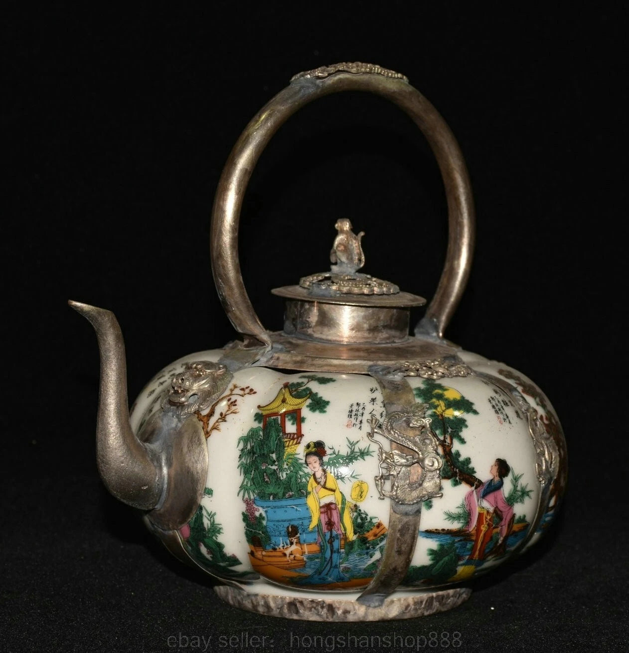6.8" Old Chinese Silver Enamel Porcelain Beauty Belle Portable Kettle Teapot | eBay
