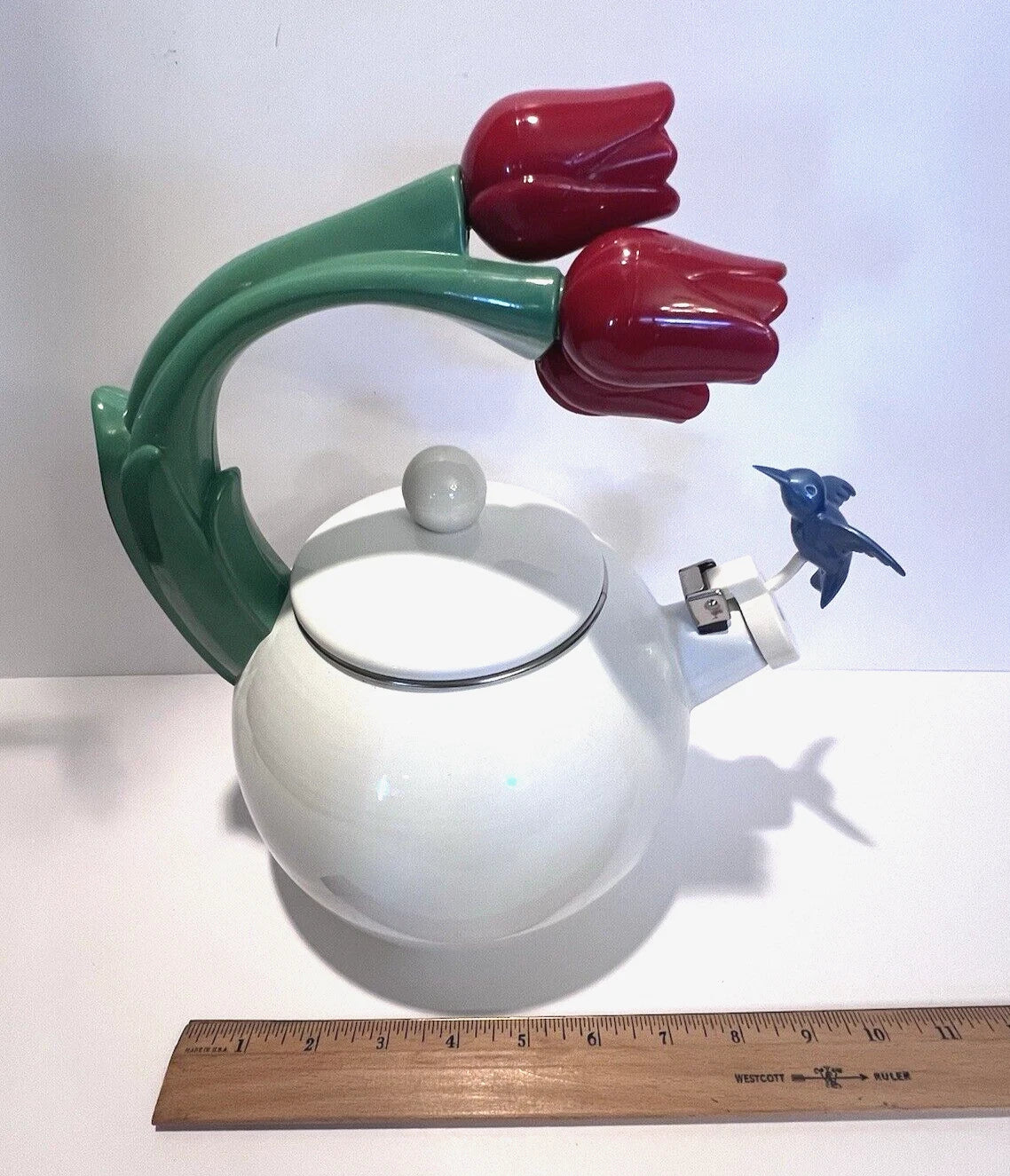 Ancona Hummingbird Tea Kettle Pot White Enamel Red Tulips Whistling Vintage 90s | eBay