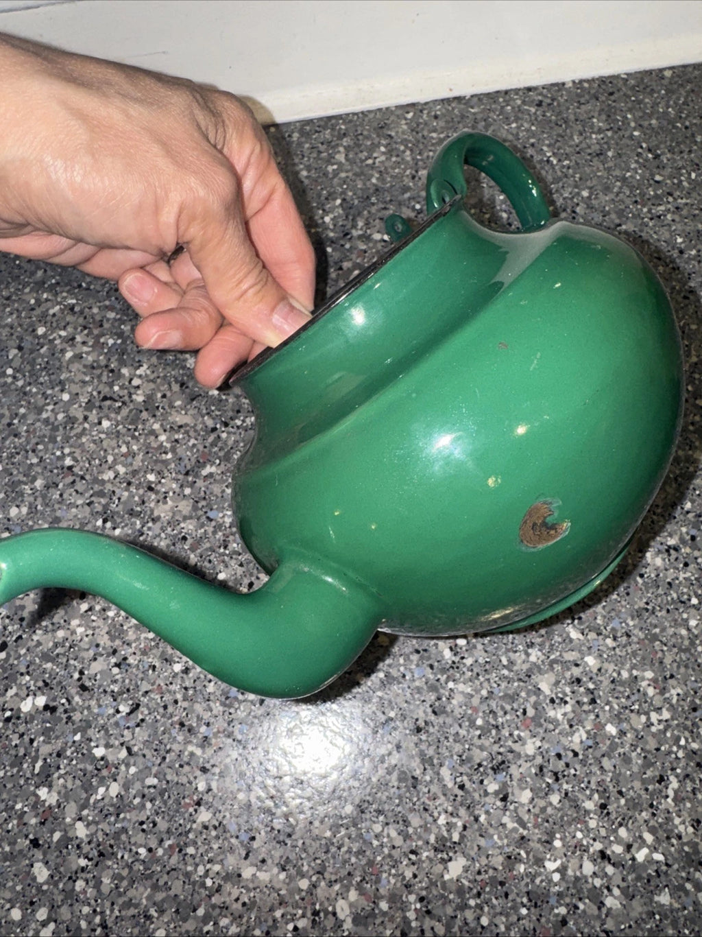 Vintage Enamel Teapot Made in Yugoslavia / Green Celje Enamel Tea Kettle 4”