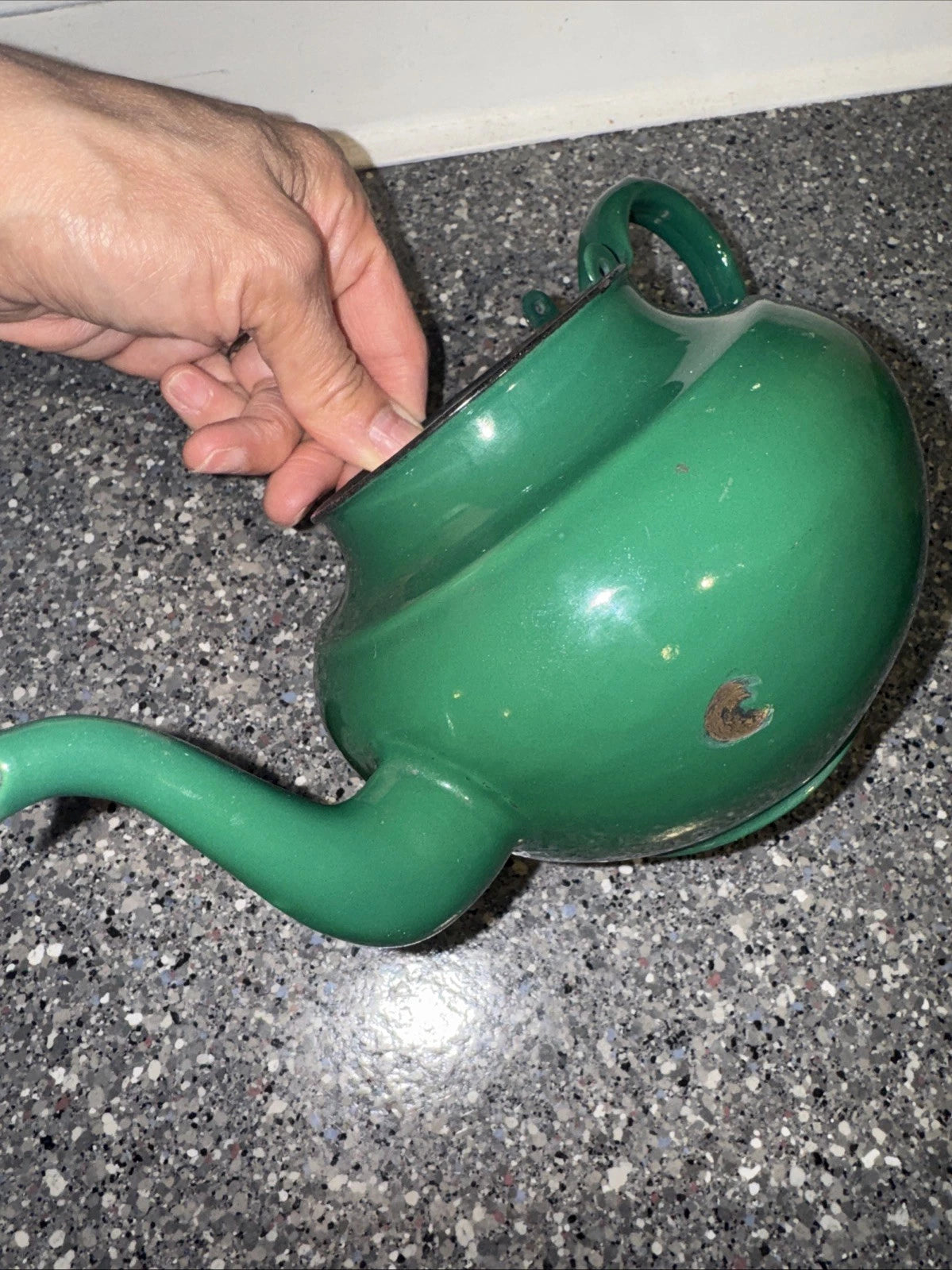 Vintage Enamel Teapot Made in Yugoslavia / Green Celje Enamel Tea Kettle 4”