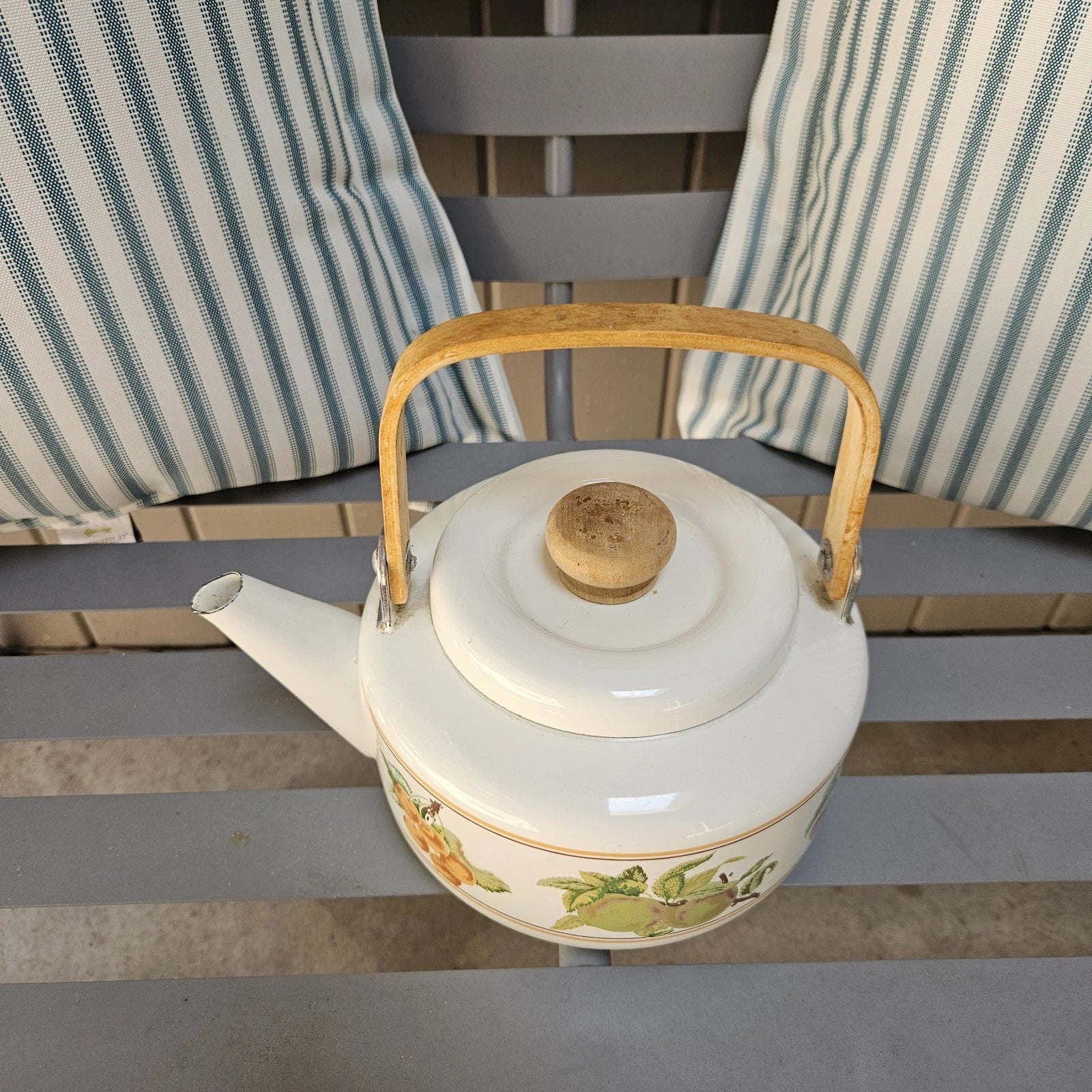 Vintage MCM Enamel Tea Kettle Teapot Bamboo Handle Fruit Print Cream Color NICE! | eBay