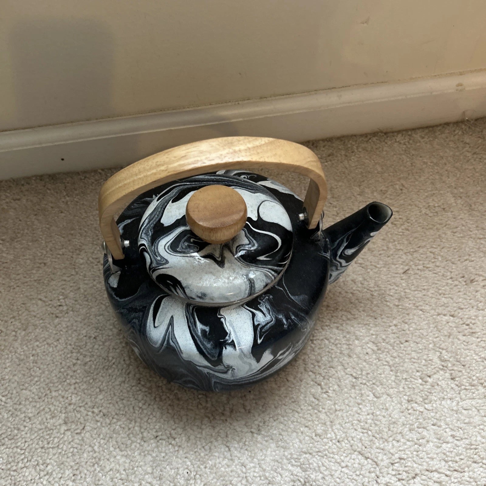 Black and White Marbled Enamel Teapot/Kettle with Wood Handle and Matching Knob | eBay