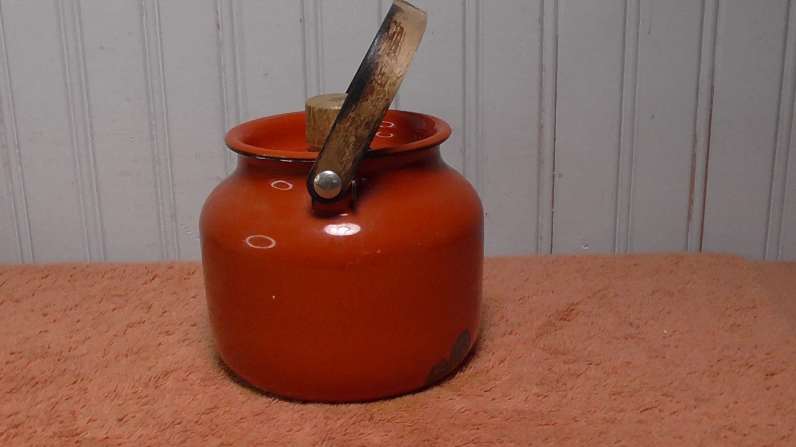 Vintage Enamel Teapot Tea Kettle MCM Teak Wood Handle reddish orange | eBay