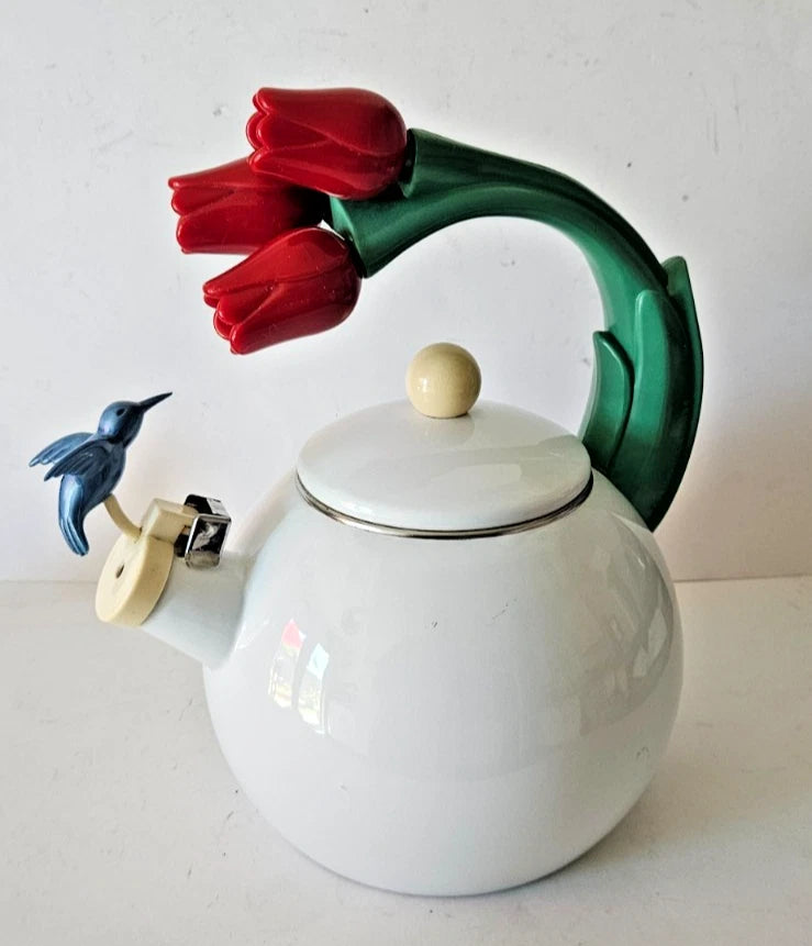 Vintage Ancona Enamel Whistling Tea Pot Kettle Blue Hummingbird Red Tulips LOOK | eBay