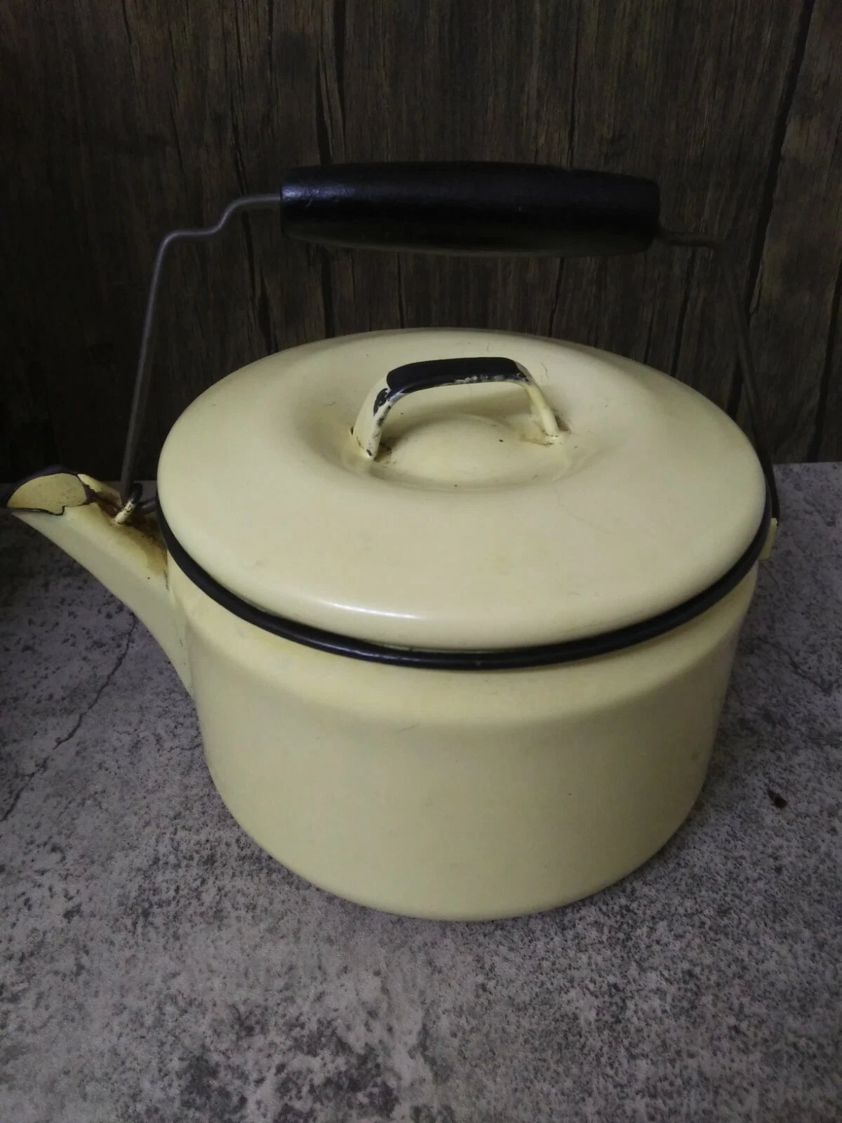 Vintage Yellow Enamel Teapot Metal bail, Wood Handle Farmhouse Decor, Planter