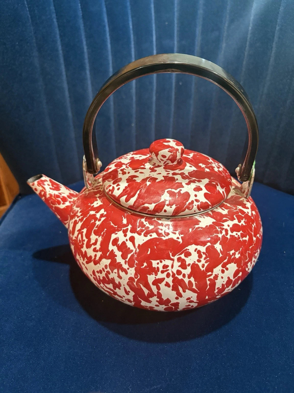 Vintage Red Enamelware Splatter Graniteware Tea Kettle Teapot