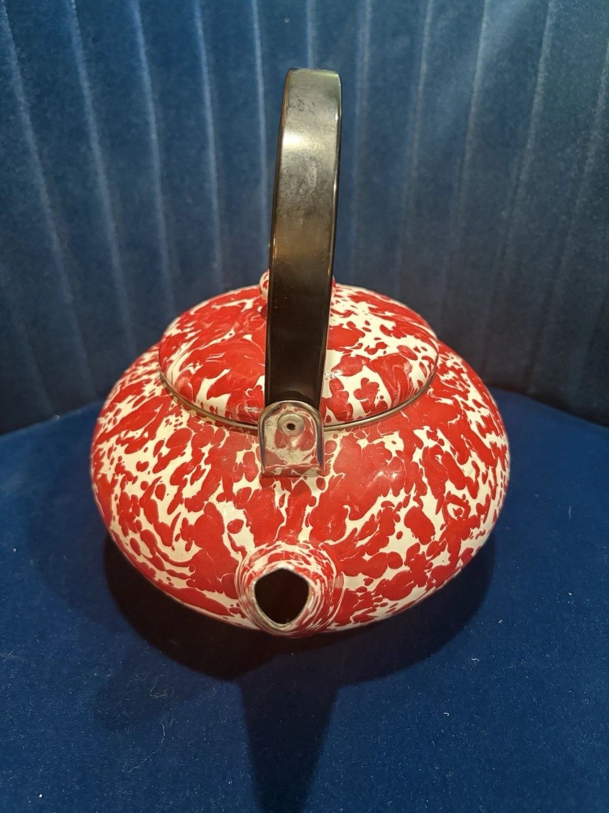Vintage Red Enamelware Splatter Graniteware Tea Kettle Teapot