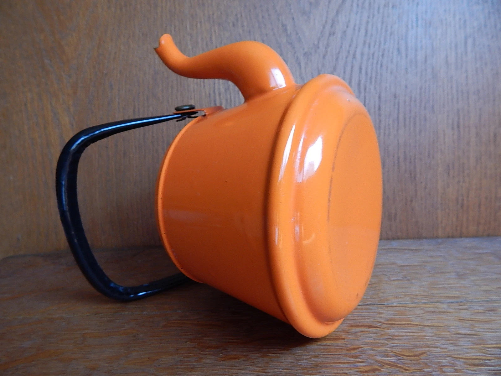 Vintage Orange Enamel Tea pot Mid Century Black Enamel Handle CLEAN