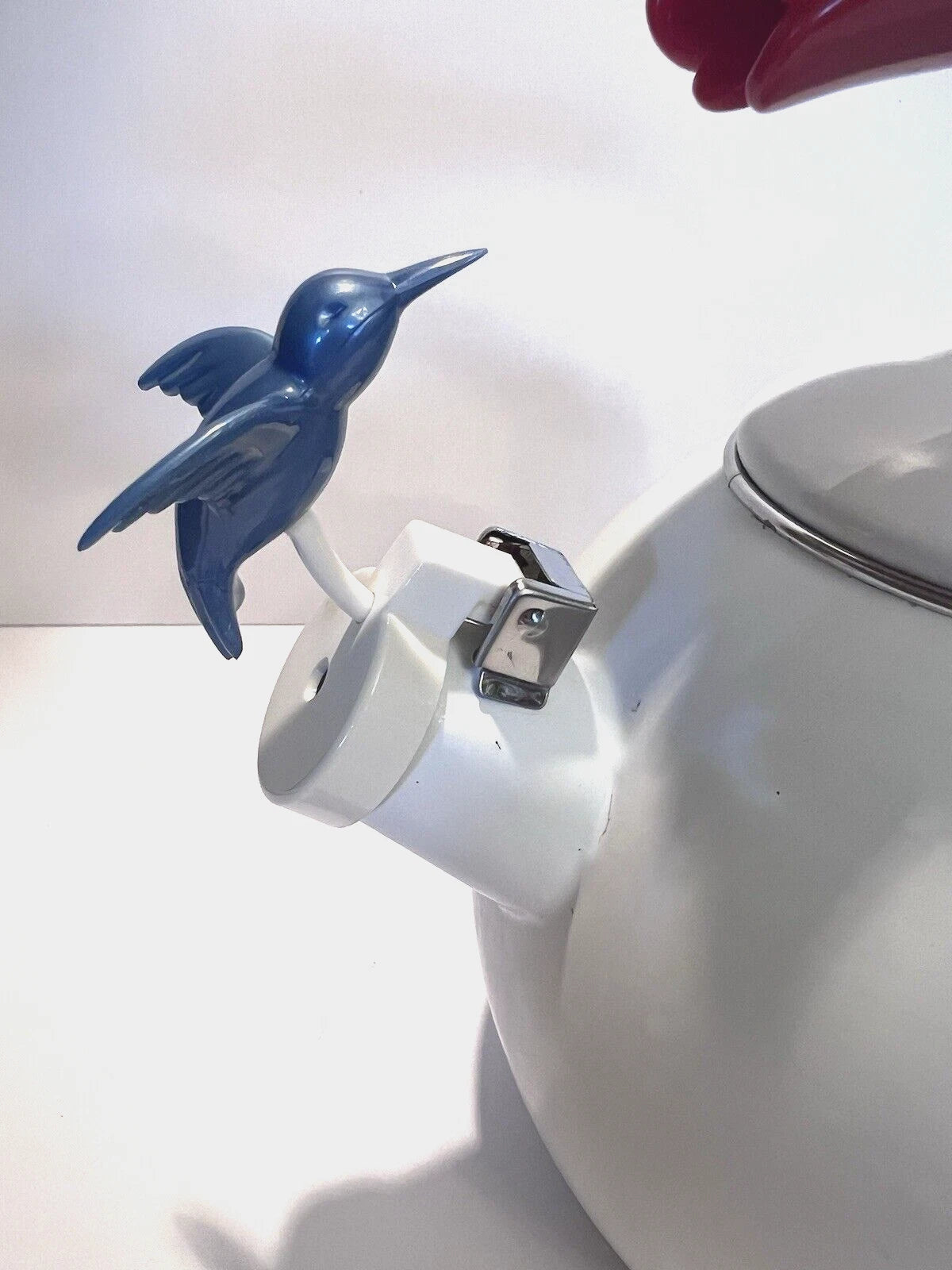 Ancona Hummingbird Tea Kettle Pot White Enamel Red Tulips Whistling Vintage 90s | eBay
