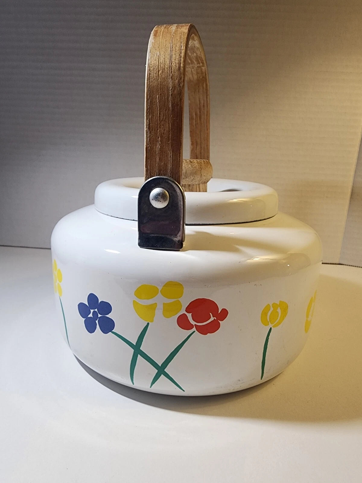 Vintage Saltera Himark Enamel RARE Teapot MCM Red Yellow Floral With Wood Handle