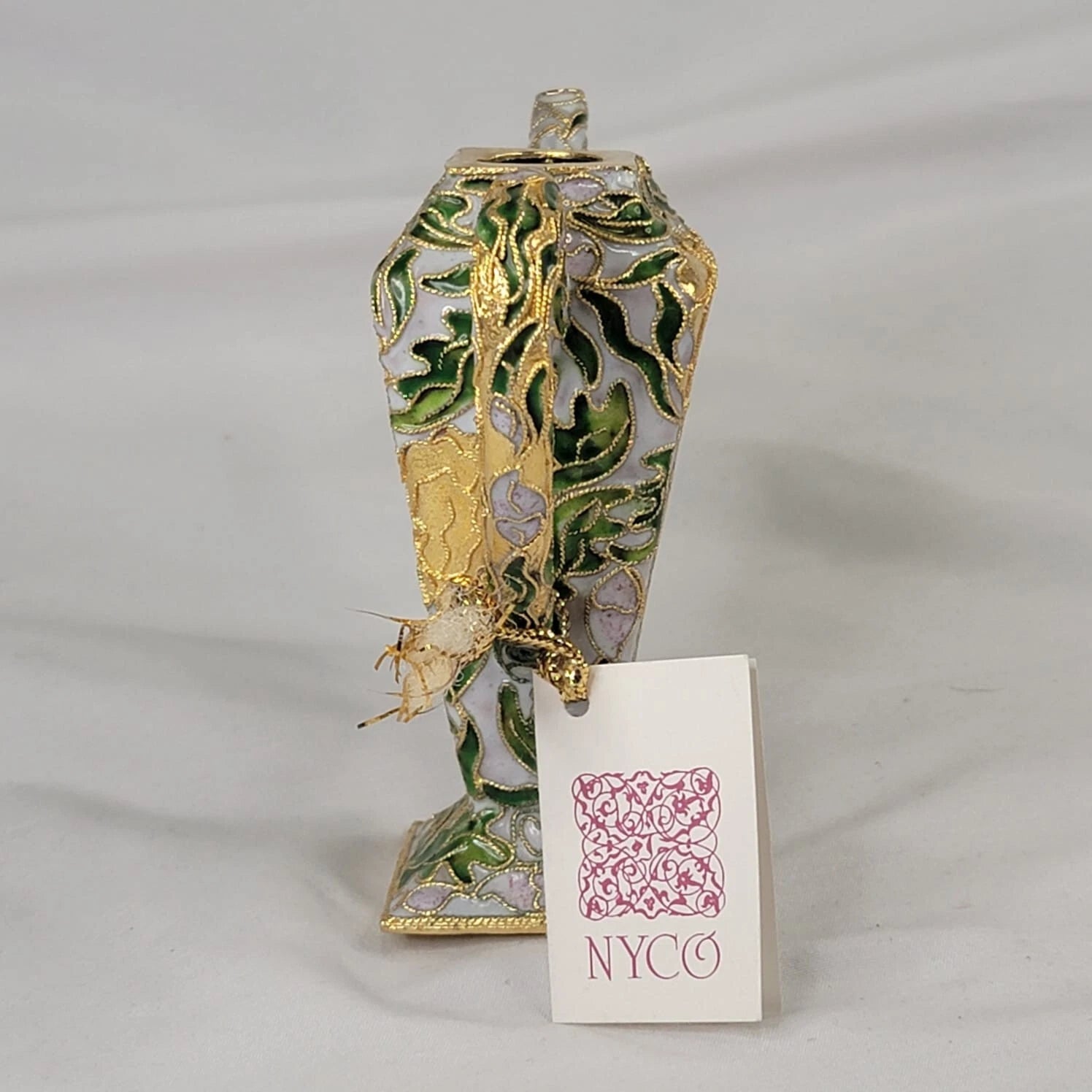 Vintage NYCO Enameled Miniature Teapot No Lid Gold Green Ceramic 4"H