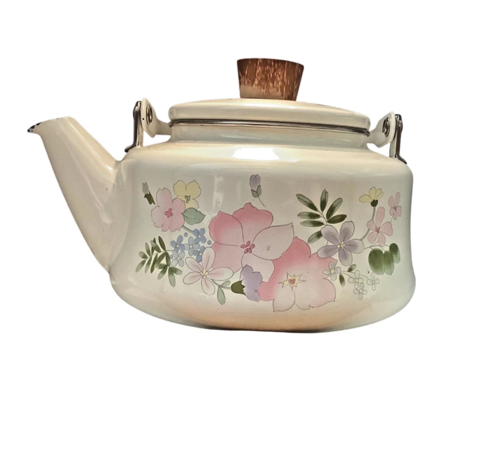 Kobe Kettle Japan Vintage White Floral Enamel Teapot Wooden Handle Decorative