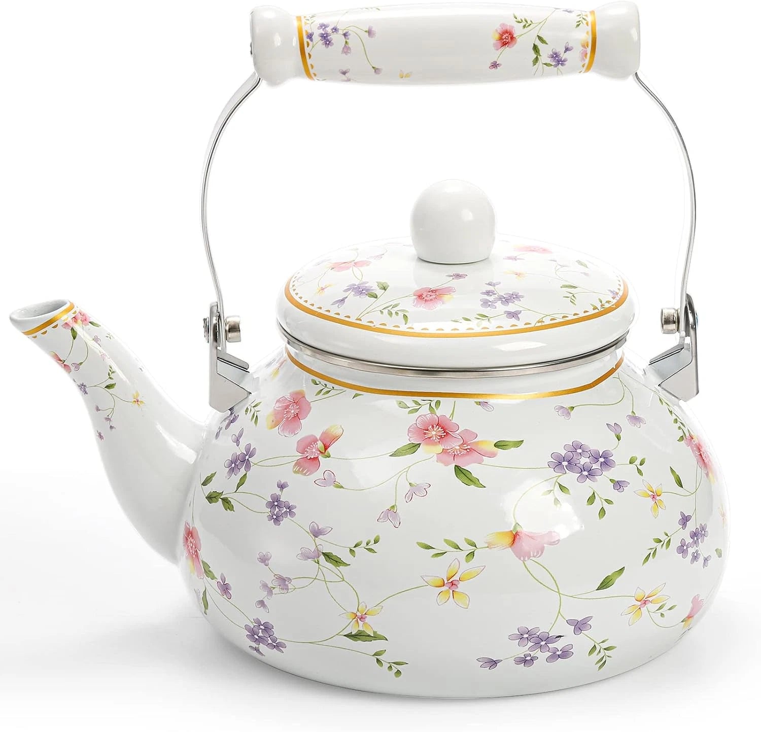 Jucoan Vintage Enamel Tea Kettle, 2.6 Quart Floral Enamel Water Kettle Teapot wi