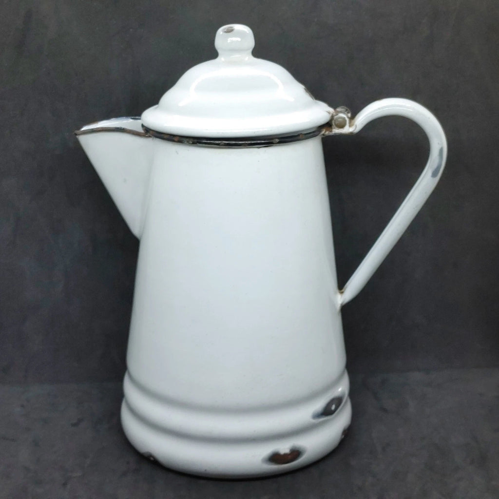 Vtg Large White Enamelware Coffee Tea Pot Farmhouse Rustic Cottage Black Trim | eBay