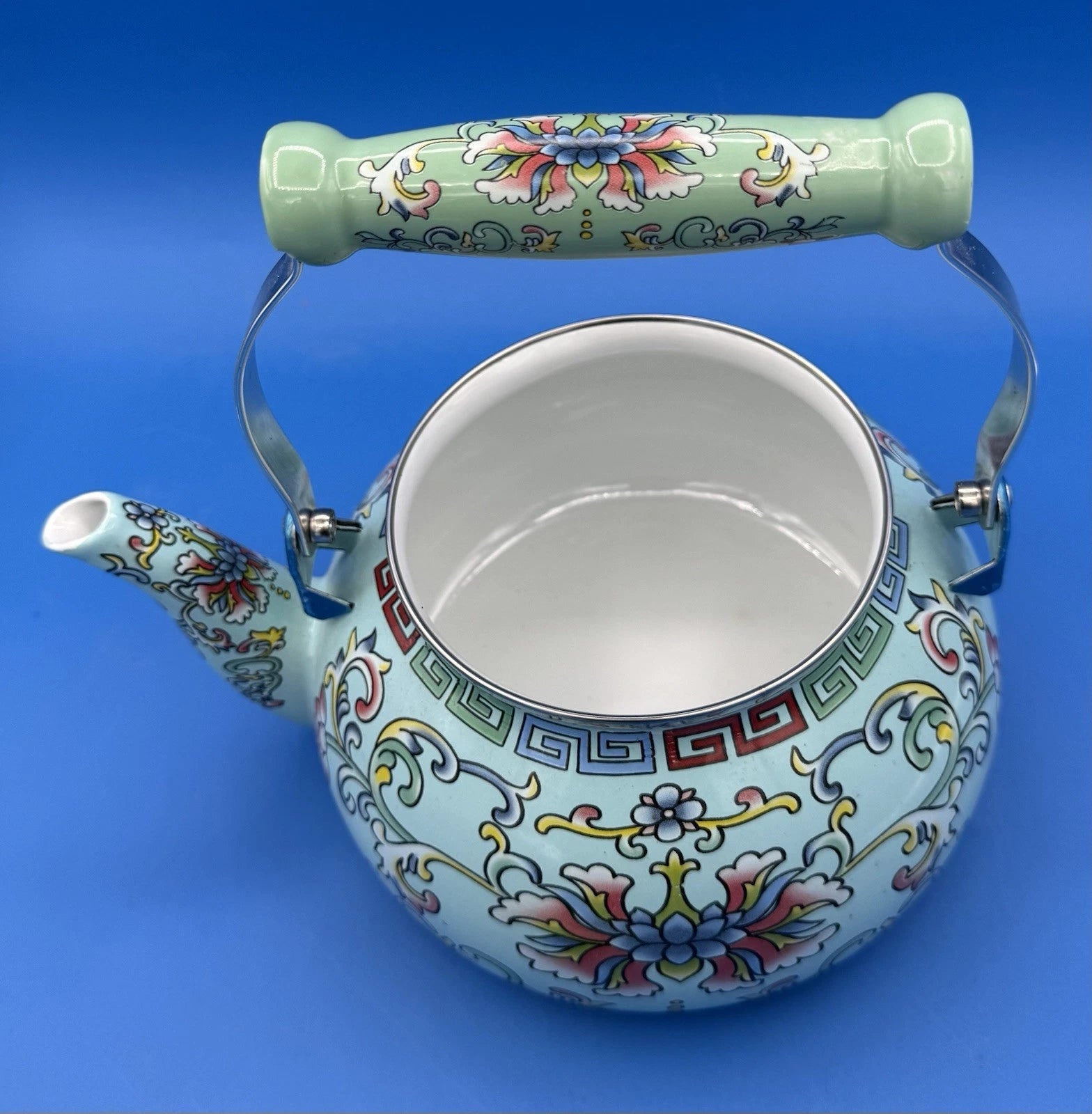 Chinese Style Enamel Tea Kettle 2.6 Qt Floral Cloisonné Pattern Light Blue Pot | eBay
