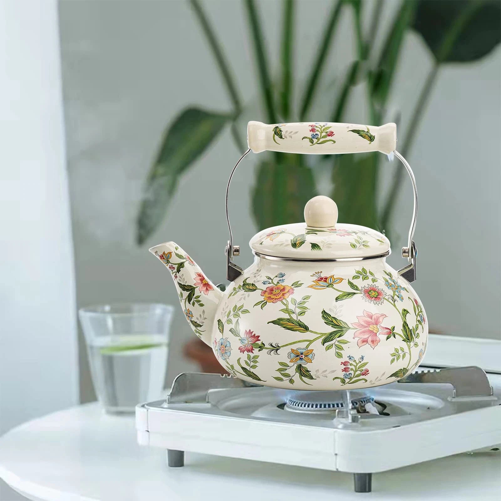 2.6 Quart Vintage Enamel Tea Kettle Green Floral Enamel On Steel Teapot With Coo | eBay