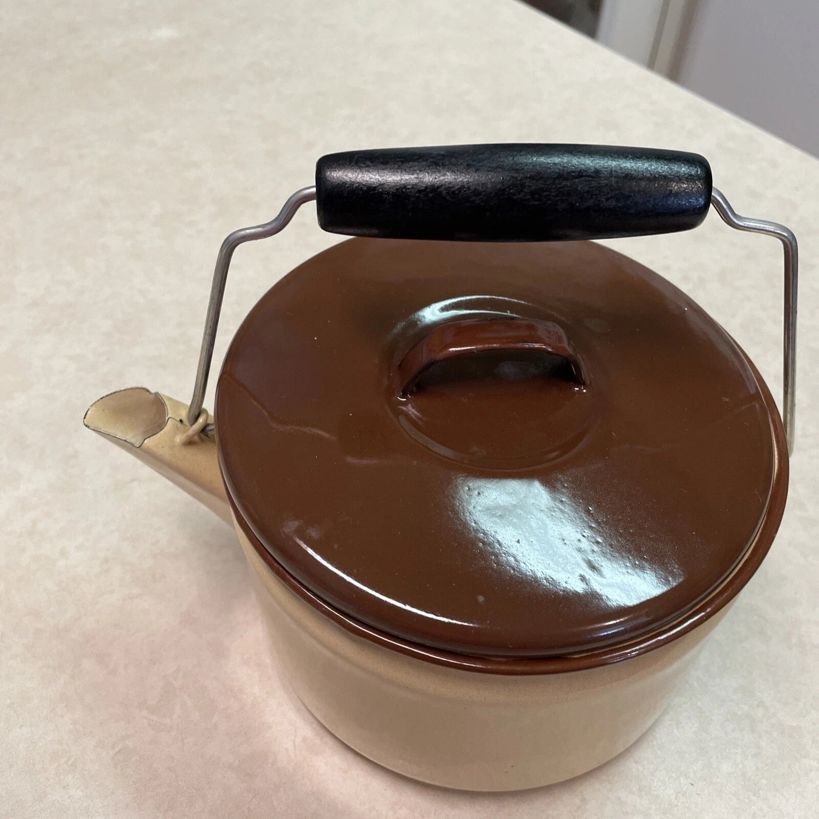 Vtg Beige Enamelware Teapot Kettle w/Brown Lid & Black Wooden Handle Rustic
