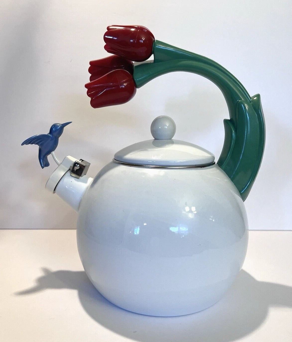 Ancona Hummingbird Tea Kettle Pot White Enamel Red Tulips Whistling Vintage 90s | eBay