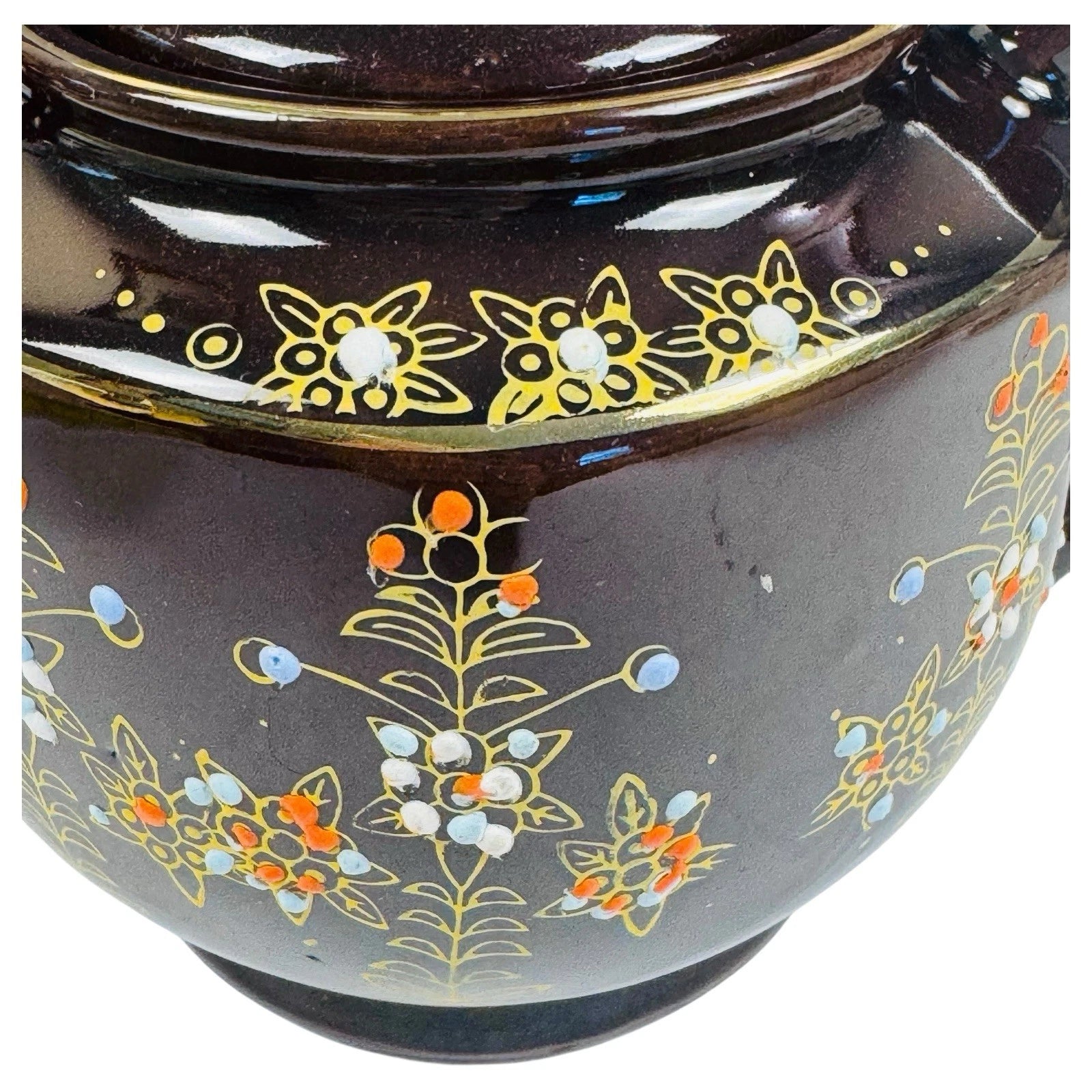Vintage Japan Brown Glazed Teapot Hand Painted Enamel Floral Dots Mid Century | eBay