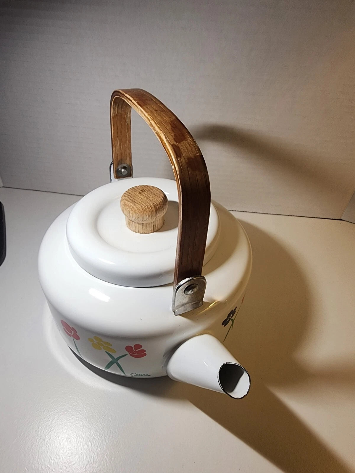 Vintage Saltera Himark Enamel RARE Teapot MCM Red Yellow Floral With Wood Handle