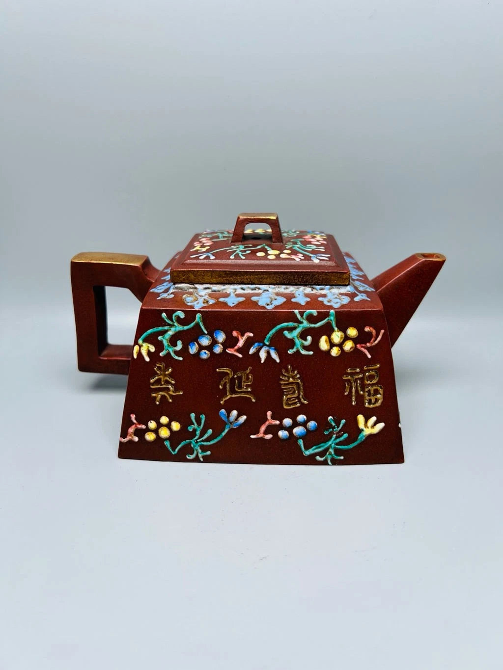 Chinese Yixing Zisha Clay Handmade Exquisite Enamel Colour Bat Teapots 7909