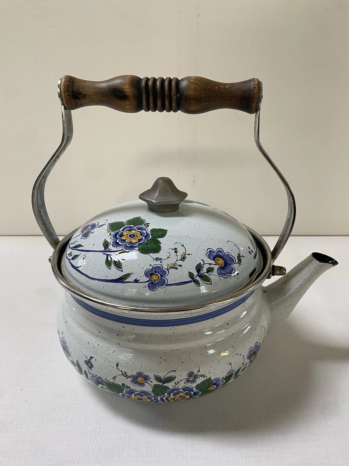Vtg ASTA Enamel Cookware Tea Pot Kettle Wood Handle Blue Green Floral Speckled | eBay