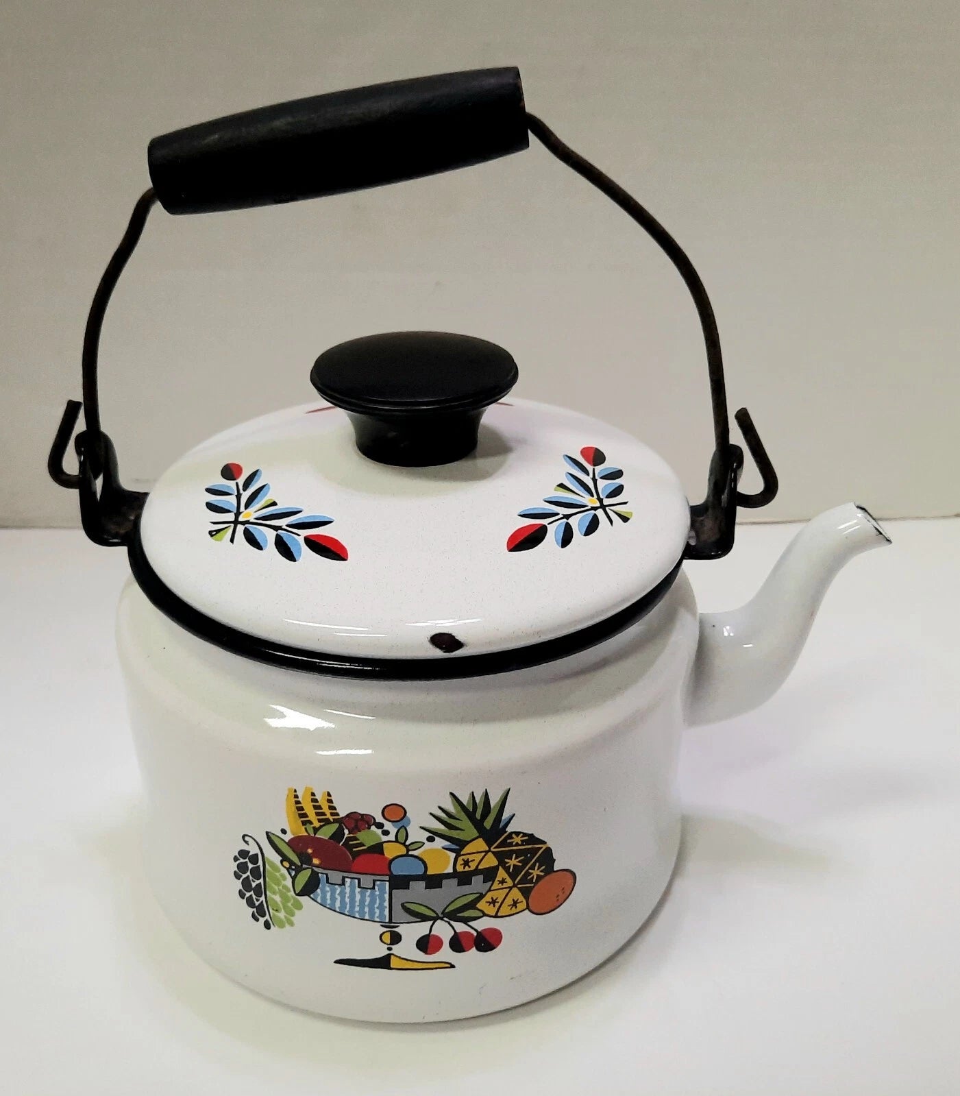 Vintage Enamelware Teapot Tea Kettle w/ Lid Porcelain Metal Fruit Kitchen Stove