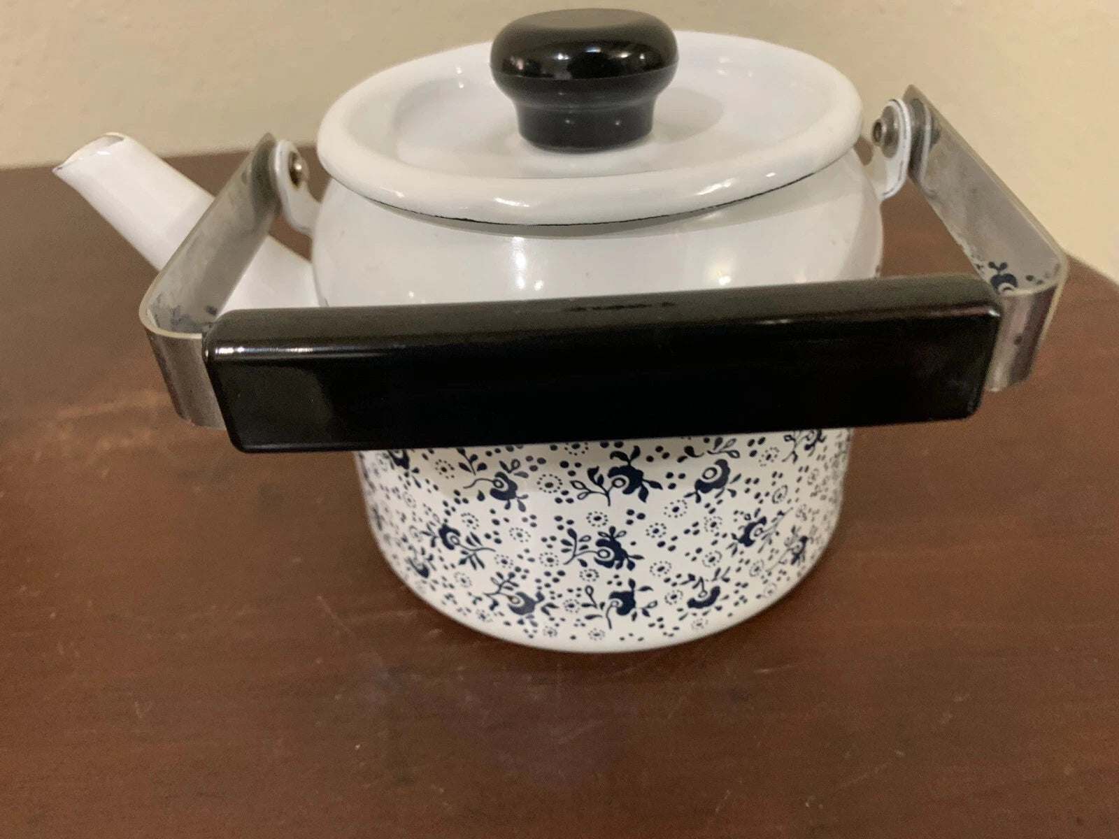 Vintage Porcelain Enamel On Steel Teakettle 1qt Floral White Blue JC Penny Japan | eBay