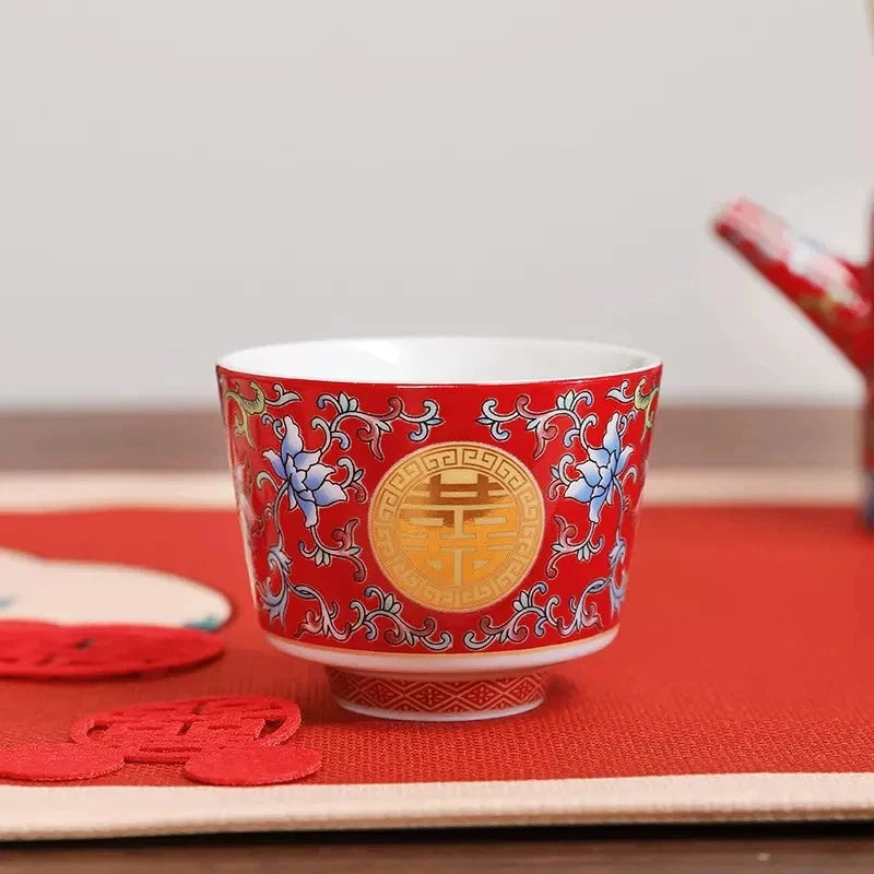Traditional Chinese Enamel Colored Tea Cup Set Tea Pot Set Wedding Tea Cup