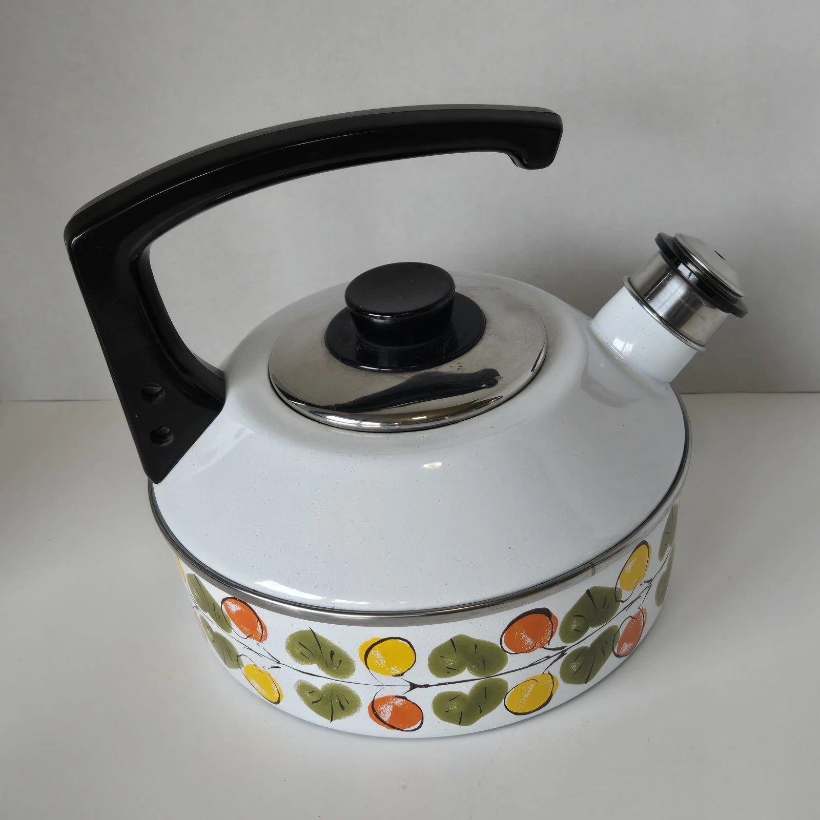 Vintage Enamel Tea Pot Kettle Whistles Lemon Orange Leaves Austria Email MCM | eBay