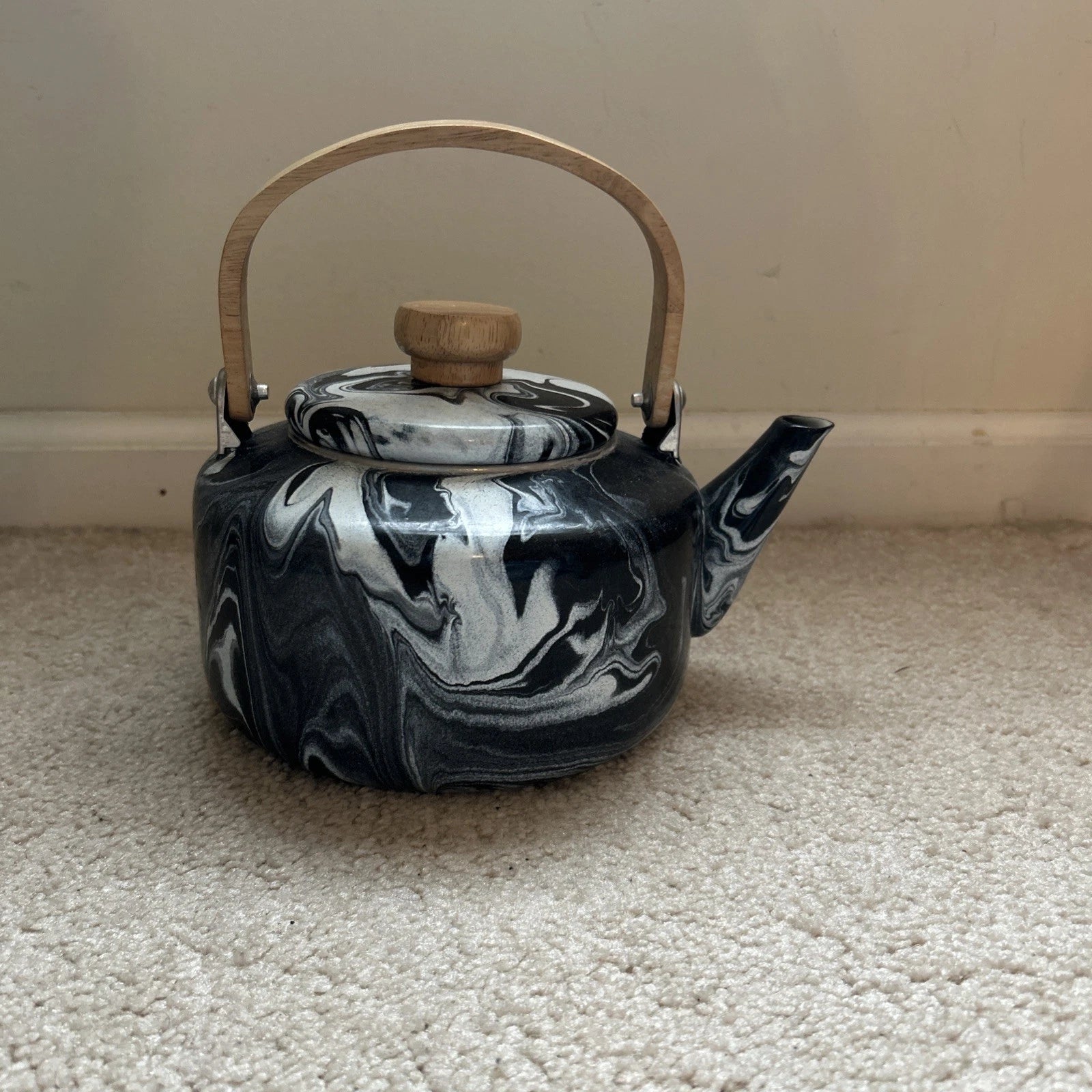 Black and White Marbled Enamel Teapot/Kettle with Wood Handle and Matching Knob | eBay