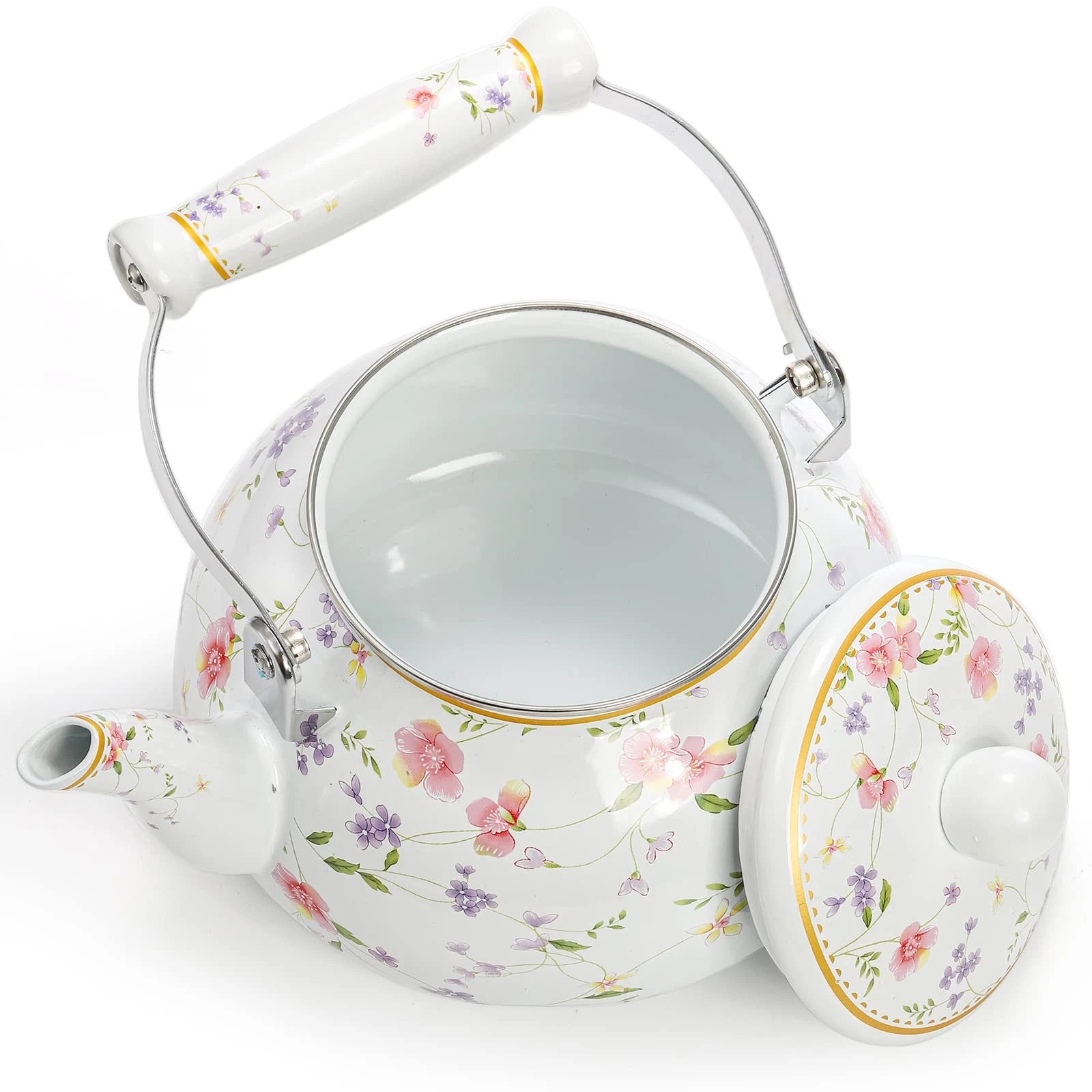 Vintage Enamel Tea Kettle, 2.6 Quart Floral Enamel Water Kettle Teapot with P...
