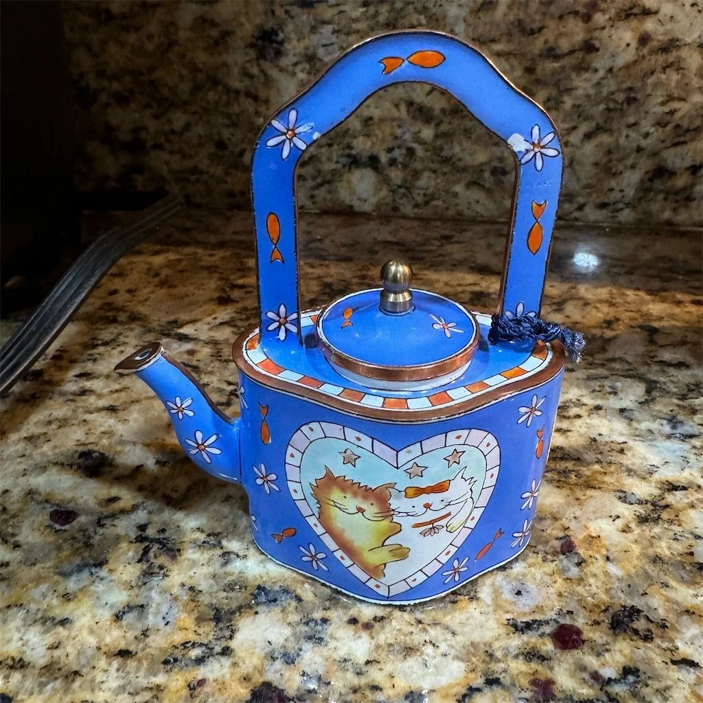 Collectible Enamel Teapot Heart & Couple Design Hand-Painted