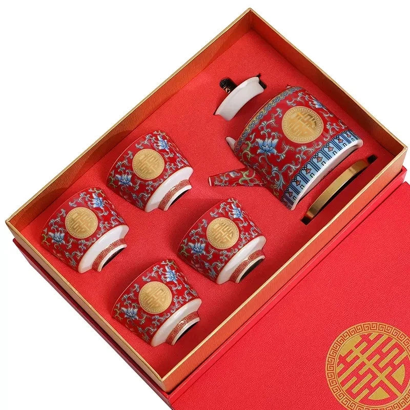 Traditional Chinese Enamel Colored Tea Cup Set Tea Pot Set Wedding Tea Cup